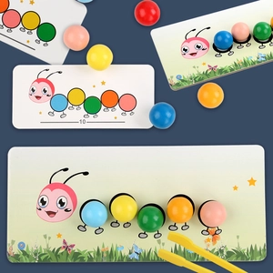 Wooden caterpillar bead matching toy set with colorful balls and tweezers for kids