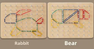 Detail of wooden geoboard featuring rabbit and bear shapes made with colorful rubber bands