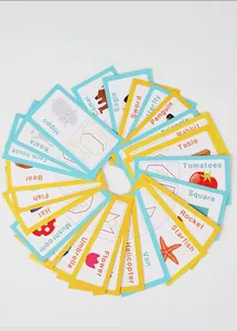 Detail view of 30 double-sided educational cards with English words and graphics