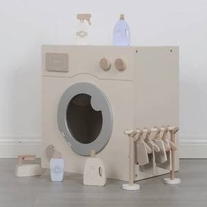 Nordic wooden toy laundry set with cream washing machine and ironing accessories for kids