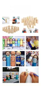 Macro detail of unpainted wooden peg dolls showing smooth texture for DIY painting crafts