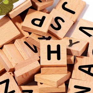 Educational wooden alphabet tiles with storage bag for kids word learning games
