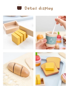 Detail display of wooden play kitchen set with velcro sliced bread, butter, and coffee cup