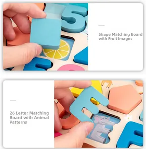 Macro di blocchi puzzle in legno spessi con lettere e numeri e motivi di animali e frutta