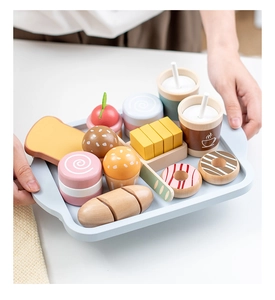Detail of wooden play food set with donuts, toast, and coffee tray for kids