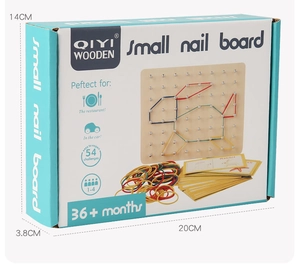 Wooden geometric geoboard set with colorful rubber bands and challenge cards for kids