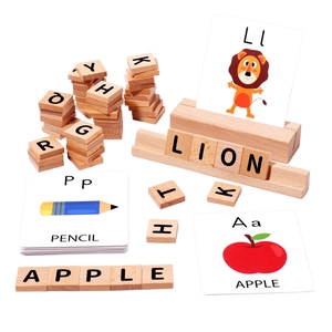 Educational wooden spelling toy with letter blocks and word recognition cards for kids