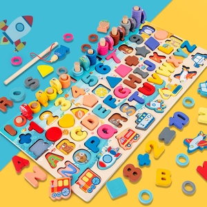 Tavola Logaritmica in Legno Montessori per Bambini Alfabeto Numeri Forme Riconoscimento Trasporti Pesca Magnetica Giocattolo Educativo Puzzle