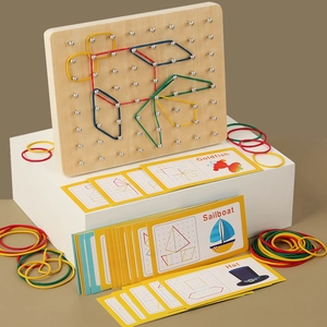 Wooden Montessori geoboard with colored rubber bands and geometric pattern cards