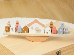 Detailed view of colorful wooden balance blocks and rainbow figures for kids' early learning