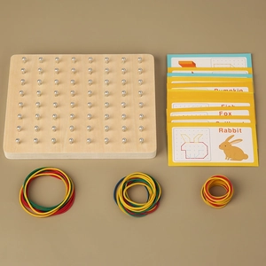 Wooden Montessori geoboard with rubber bands and pattern cards for geometric learning