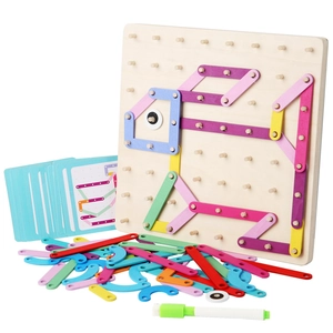 Montessori wooden geometric pegboard puzzle with colorful shapes and pattern cards for kids