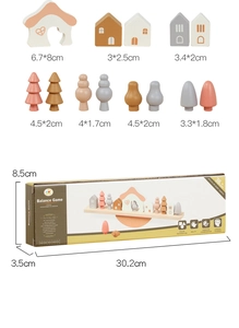 Detailed dimensions of Morandi colored wooden balancing blocks and peg dolls set