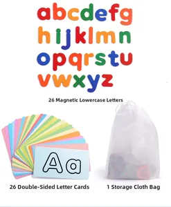 Detail of 26 magnetic letters, double-sided cards, and mesh storage bag for early learning