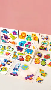 Paired puzzle set featuring wooden geometric pieces with diverse animal and vehicle themes