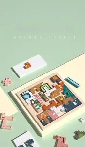 Detail view of colorful wooden animal tetris blocks with lion and frog prints on a tray