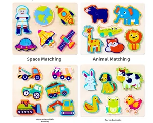 Detail view of four wooden puzzle themes including space, animals, and construction vehicles