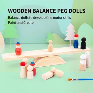 Rainbow wooden balance toy set with colorful dolls and DIY painting brush for kids