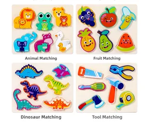 Four sets of colorful wooden toddler puzzles featuring animals, fruit, and dinosaurs