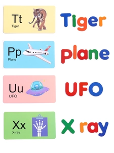 Macro shot of magnetic alphabet letters with matching animal and object word cards