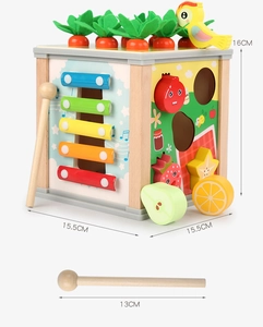 Detail showing dimensions of multifunctional wooden baby activity cube with xylophone