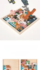 Detail showing various 3D wooden animal blocks and original base tray for kids