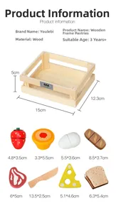 Detailed size chart of wooden play food set including crate and fruit toy dimensions