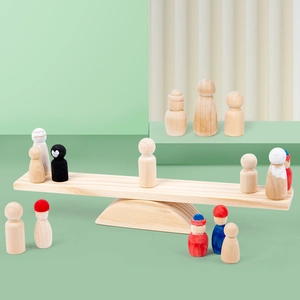 Rainbow wooden peg dolls balancing blocks toy set for children with seesaw stand