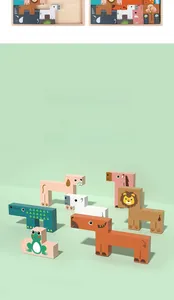 Macro view of wooden animal puzzle blocks for kids with natural storage tray