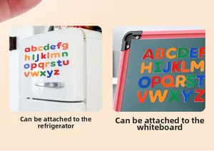 Detailed view of colorful magnetic letters showing adhesion on fridge and drawing board
