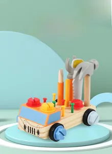 Detail of wooden tool truck with colorful nuts, bolts, and miniature assembly tools