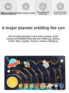 Détail du puzzle système solaire en bois avec orbites et peinture à l'eau écologique