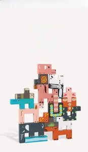 Detailed view of colorful wooden animal balancing blocks featuring elephant and giraffe