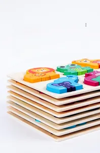 Detailed close-up of multi-layer colorful wooden animal puzzles with smooth edges for kids