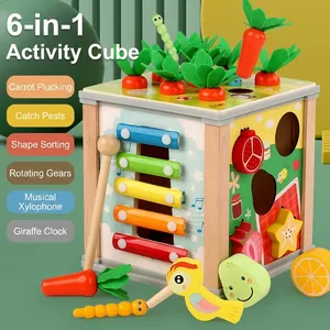 Wooden 6-in-1 Activity Cube Montessori Toy For Toddlers Educational Learning Busy Box With Xylophone Shape Sorter Clock For Kids Gift