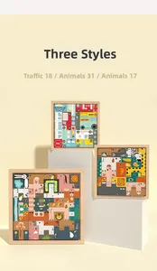 Detailed wood logic puzzles featuring animals and vehicles in a set of three themes