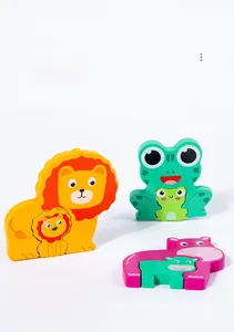 Detailed macro view of thick animal-themed wooden puzzle blocks for toddler learning