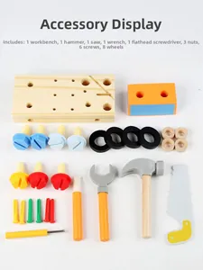 Detailed set of wooden tool toys including hammers and screws for fine motor skills