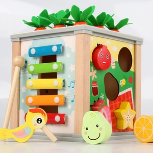 Multifunctional wooden activity cube with xylophone, shape sorter, and motor skills toys
