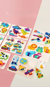 Detailed view of various educational wooden puzzles featuring animals and vehicles