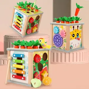 6-in-1 wooden activity cube for toddlers featuring xylophone and shape sorting