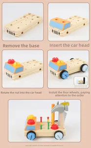 Detail showing five-step DIY assembly of a wooden toy tool truck with nuts and bolts