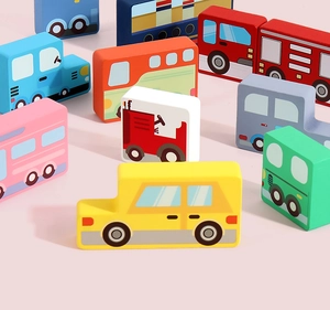 Close-up of smooth wooden toy cars with rounded edges on a soft pink background
