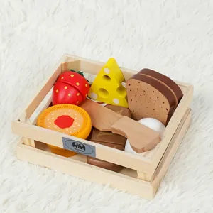 Wooden play food set with storage basket including strawberry and bread toys for kids