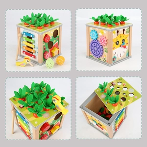 Wooden Montessori activity cube with xylophone, shape sorter, and gear toys for early learning