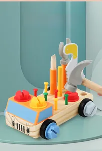 Detail of wooden tool truck toy with hammer, wrench and colorful screws for toddlers