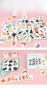 Detail showing various animal and fruit shadow matching cards with colorful retail box
