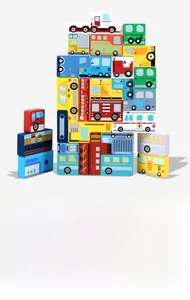 Close-up of wooden vehicle puzzle blocks featuring ambulance and fire truck designs