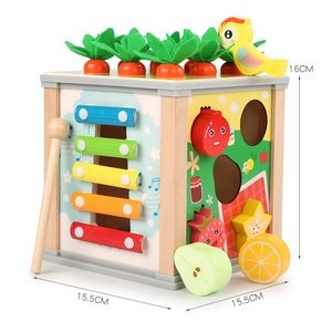 Multifunctional wooden baby busy cube with xylophone and fruit shape sorting game