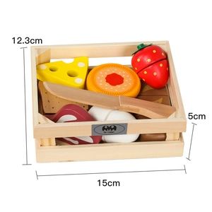 Kids wooden play food set with storage crate, knife, and toy fruits for early education